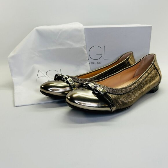 Agl Shoes - AGL Monika Cap Toe Ballet Flat Size 40 Platinum Leather Slip-On Flats Shoes